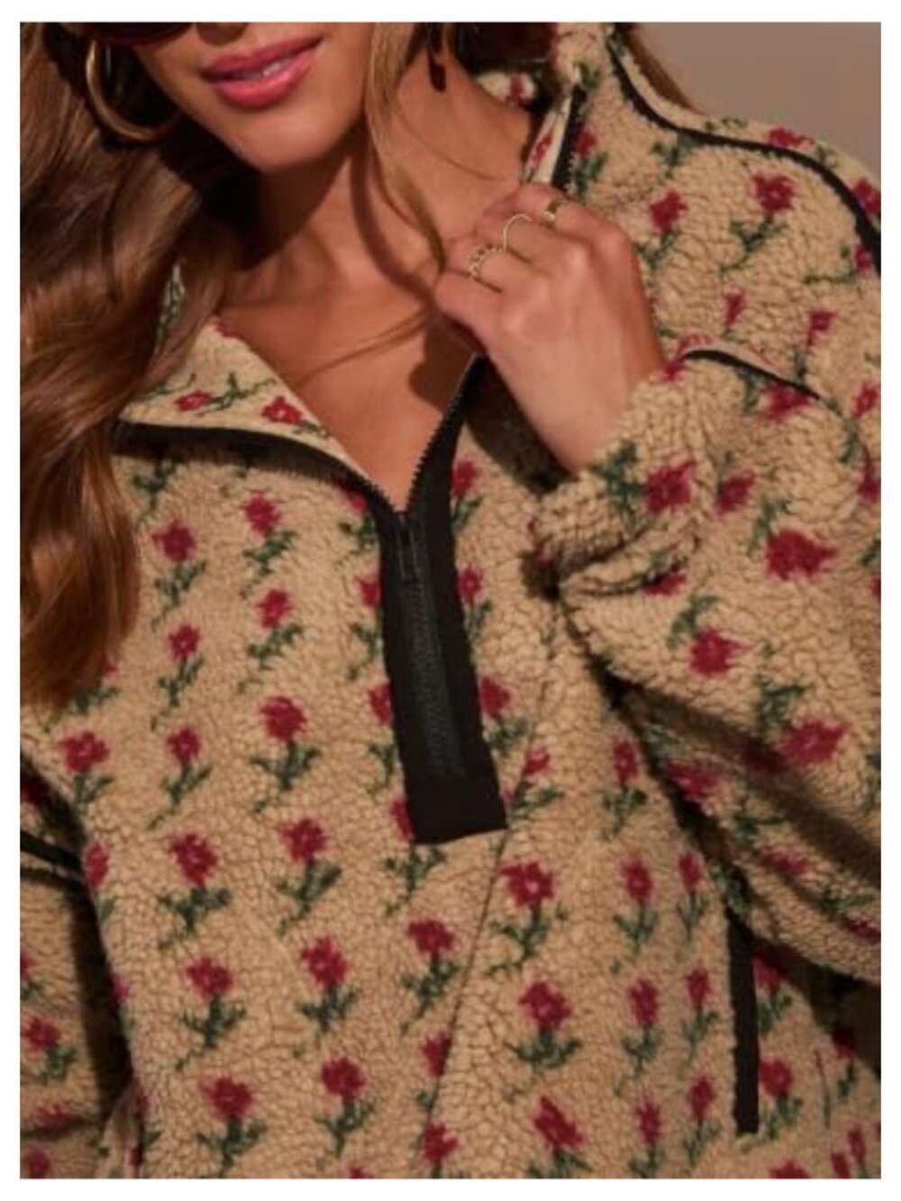 Womens Oversized Sherpa Fleece Floral Half Zip Sweatshirt Jacket - Picture 4 of 4